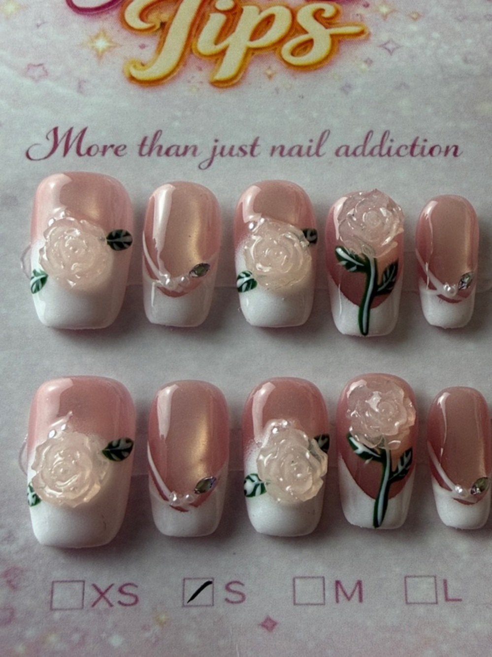 Pink Floral Press-On Nail Set with 3D Roses